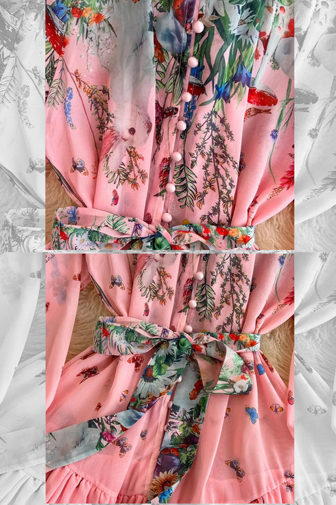 Gorgeous Floral Bow Neck, Long Sleeves, Tiered Ruffled Chiffon Party, Cocktail, Festive Vintage Maxi Dress